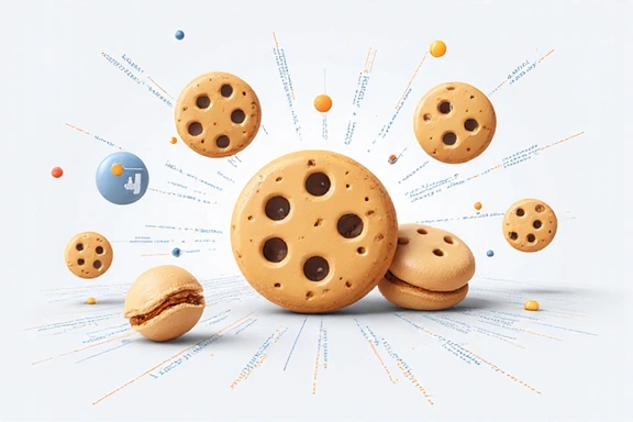 Ilustrație cu simboluri de cookie-uri și date digitale