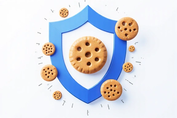 Imagine ilustrând diverse iconițe de cookie-uri și un scut de protecție a datelor
